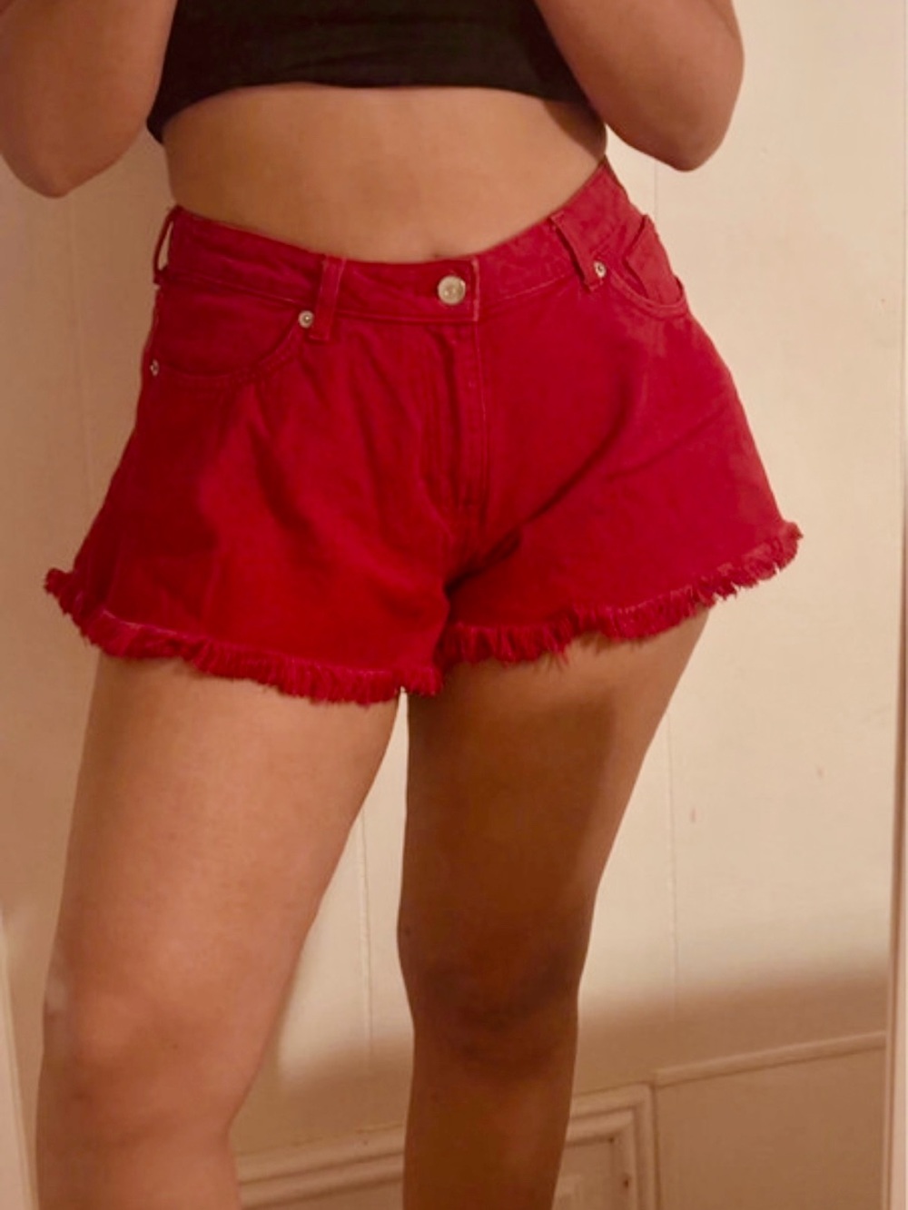 H&M Red Frayed Hem Denim Shorts